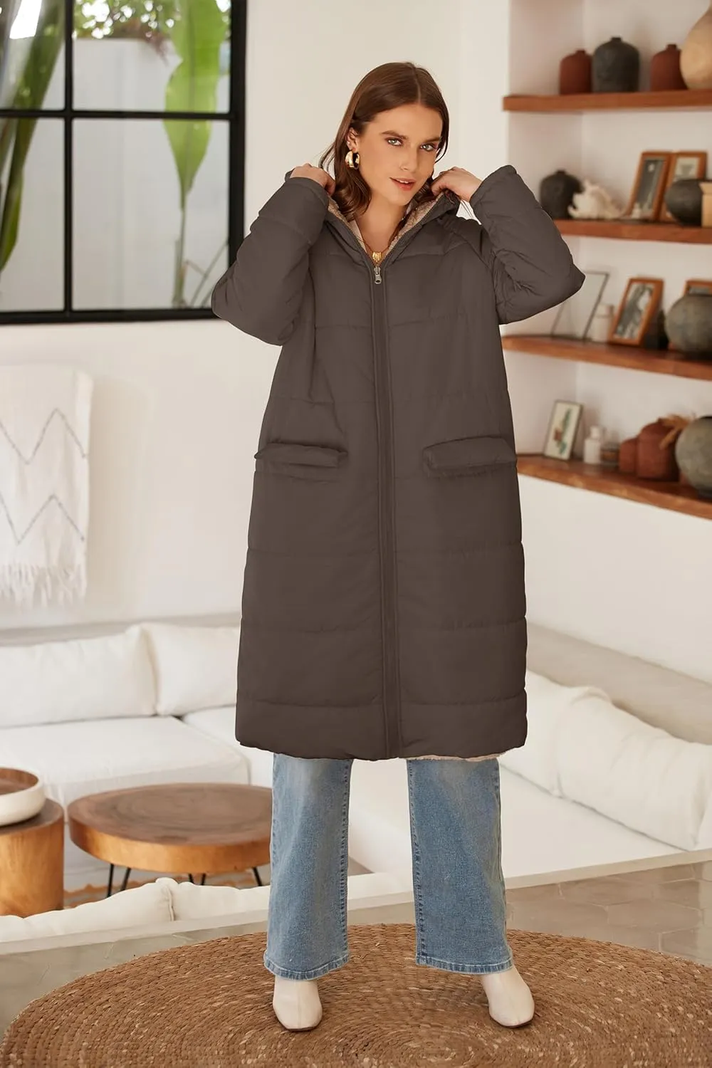 ECOWISH Women Winter Puffer Jacket - Reversible Fur Fleece Lined Hood Zip Sherpa Coat Parka Padded Long Outerwear
