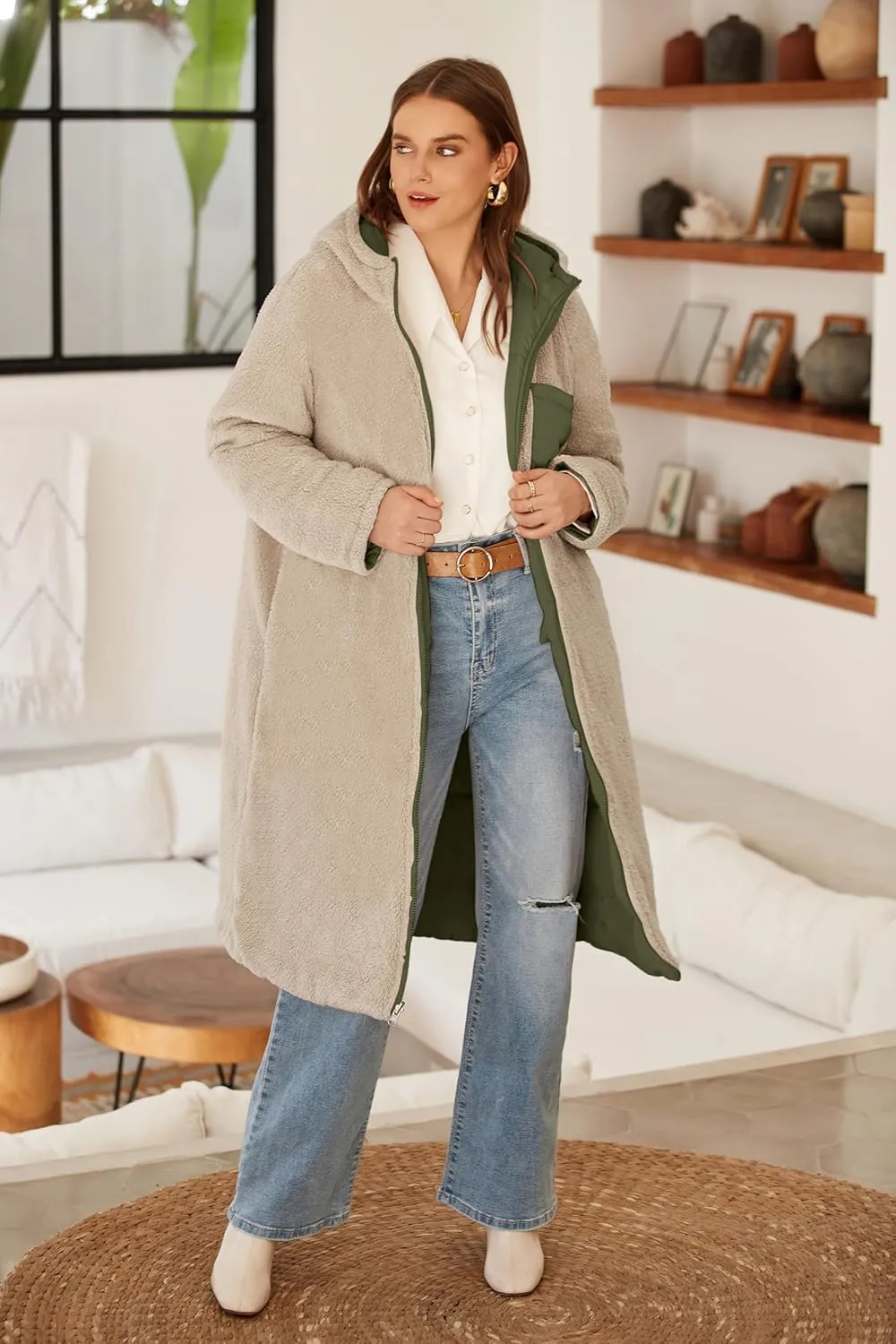 ECOWISH Women Winter Puffer Jacket - Reversible Fur Fleece Lined Hood Zip Sherpa Coat Parka Padded Long Outerwear