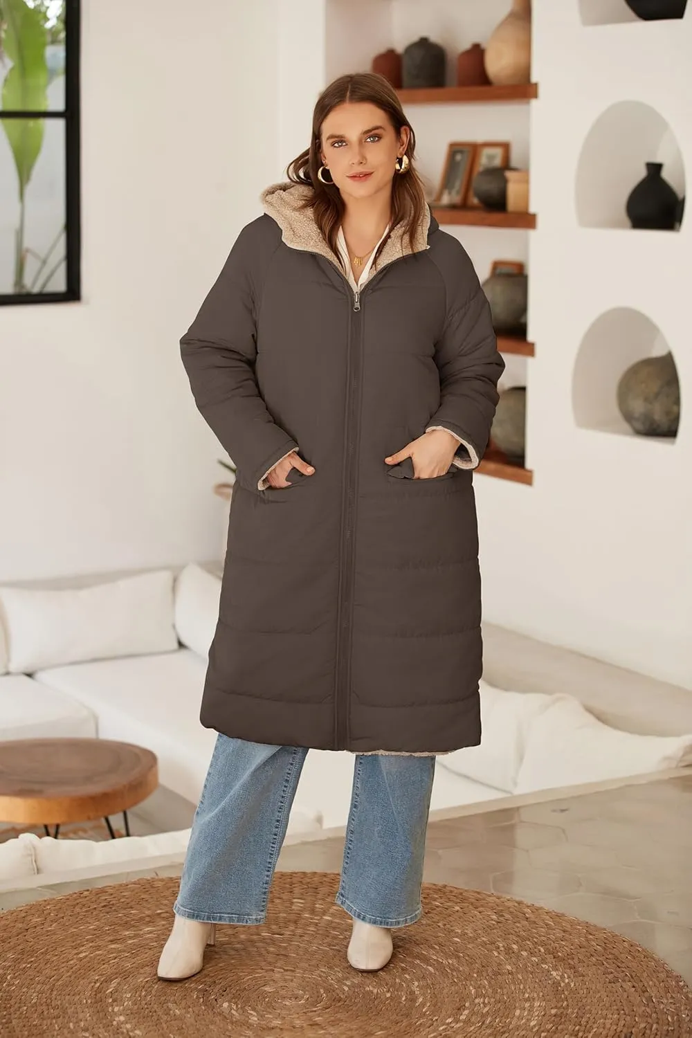 ECOWISH Women Winter Puffer Jacket - Reversible Fur Fleece Lined Hood Zip Sherpa Coat Parka Padded Long Outerwear