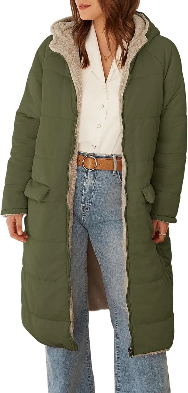 ECOWISH Women Winter Puffer Jacket - Reversible Fur Fleece Lined Hood Zip Sherpa Coat Parka Padded Long Outerwear