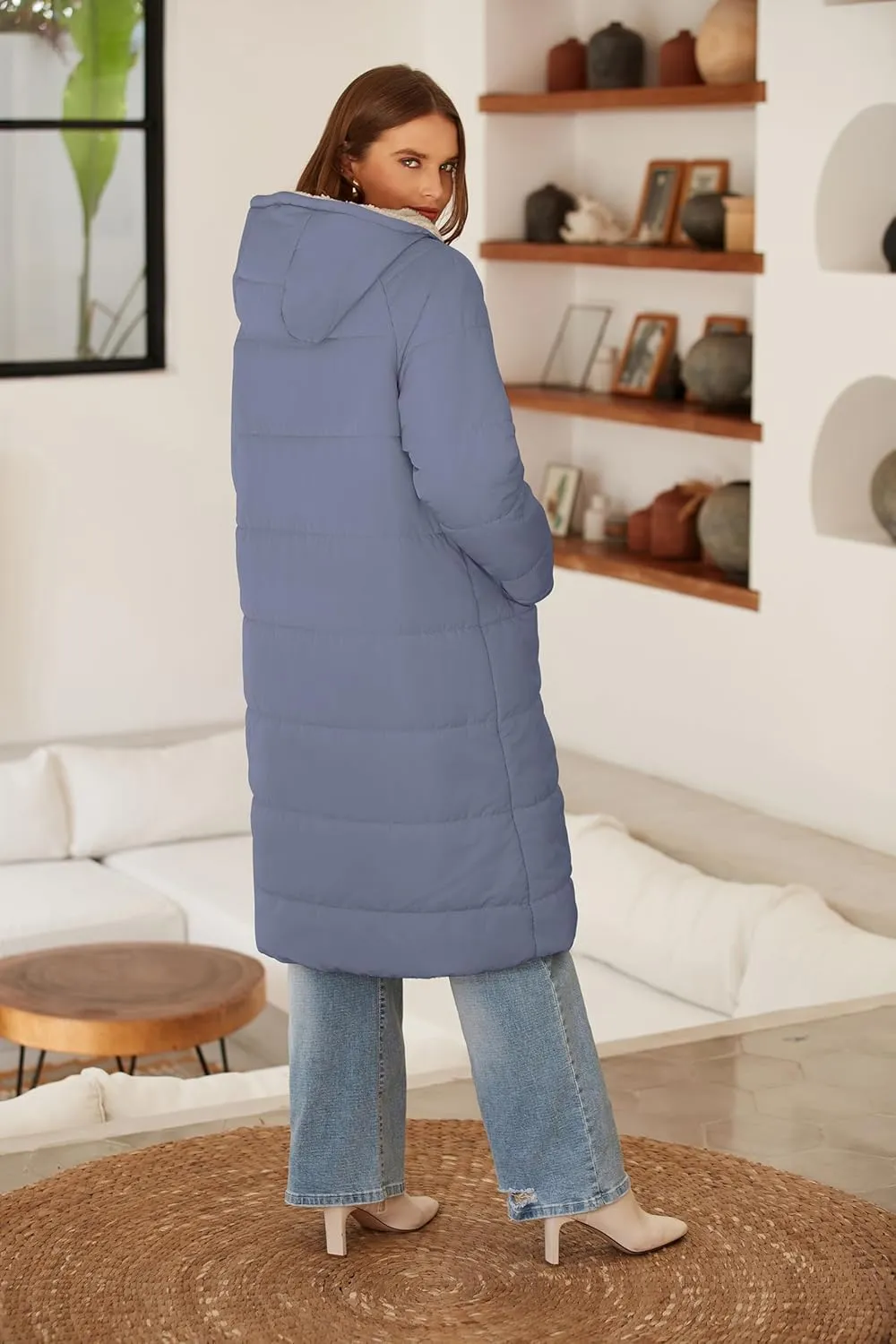 ECOWISH Women Winter Puffer Jacket - Reversible Fur Fleece Lined Hood Zip Sherpa Coat Parka Padded Long Outerwear