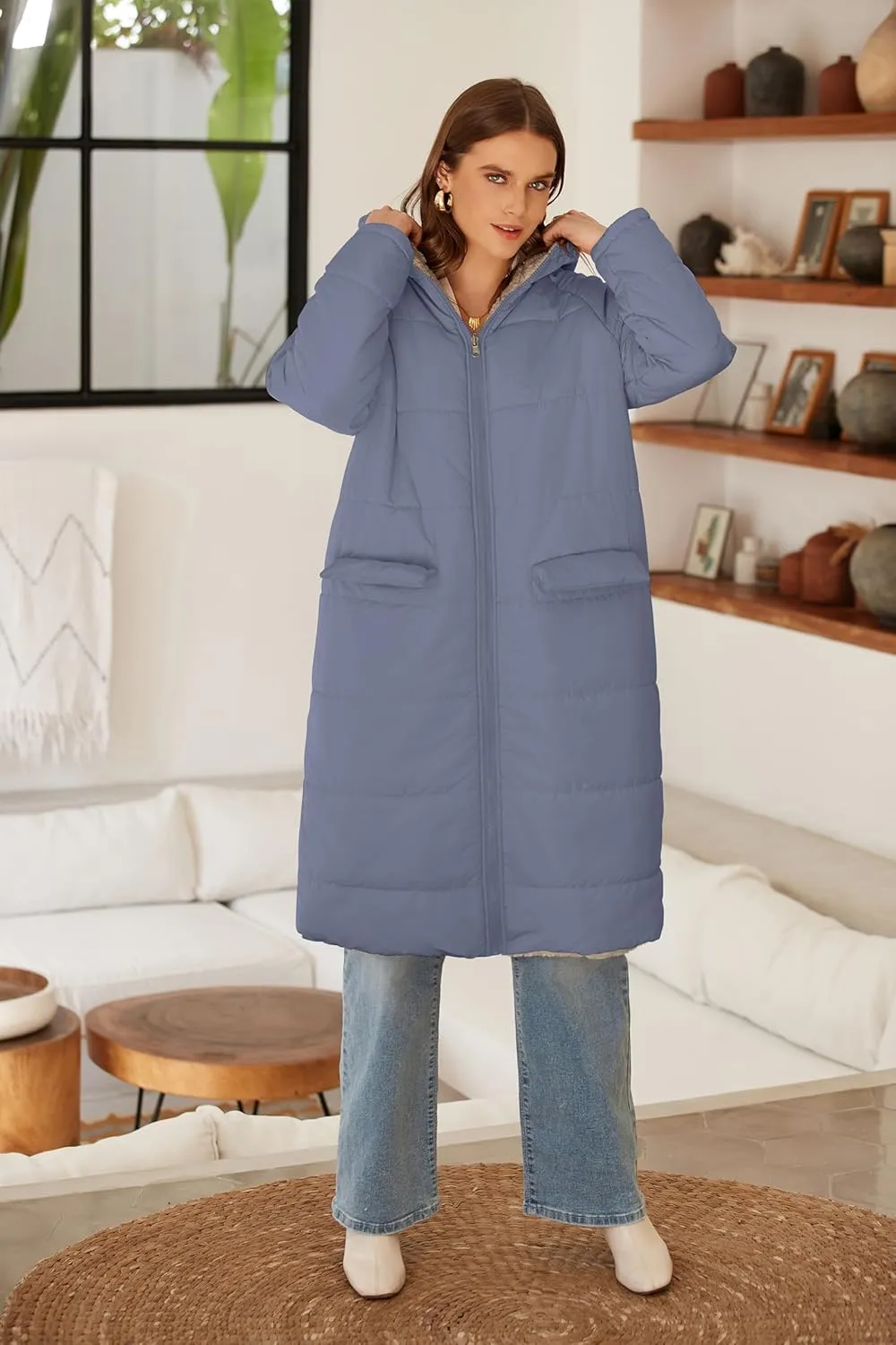 ECOWISH Women Winter Puffer Jacket - Reversible Fur Fleece Lined Hood Zip Sherpa Coat Parka Padded Long Outerwear