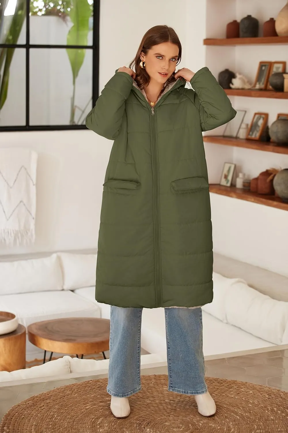 ECOWISH Women Winter Puffer Jacket - Reversible Fur Fleece Lined Hood Zip Sherpa Coat Parka Padded Long Outerwear
