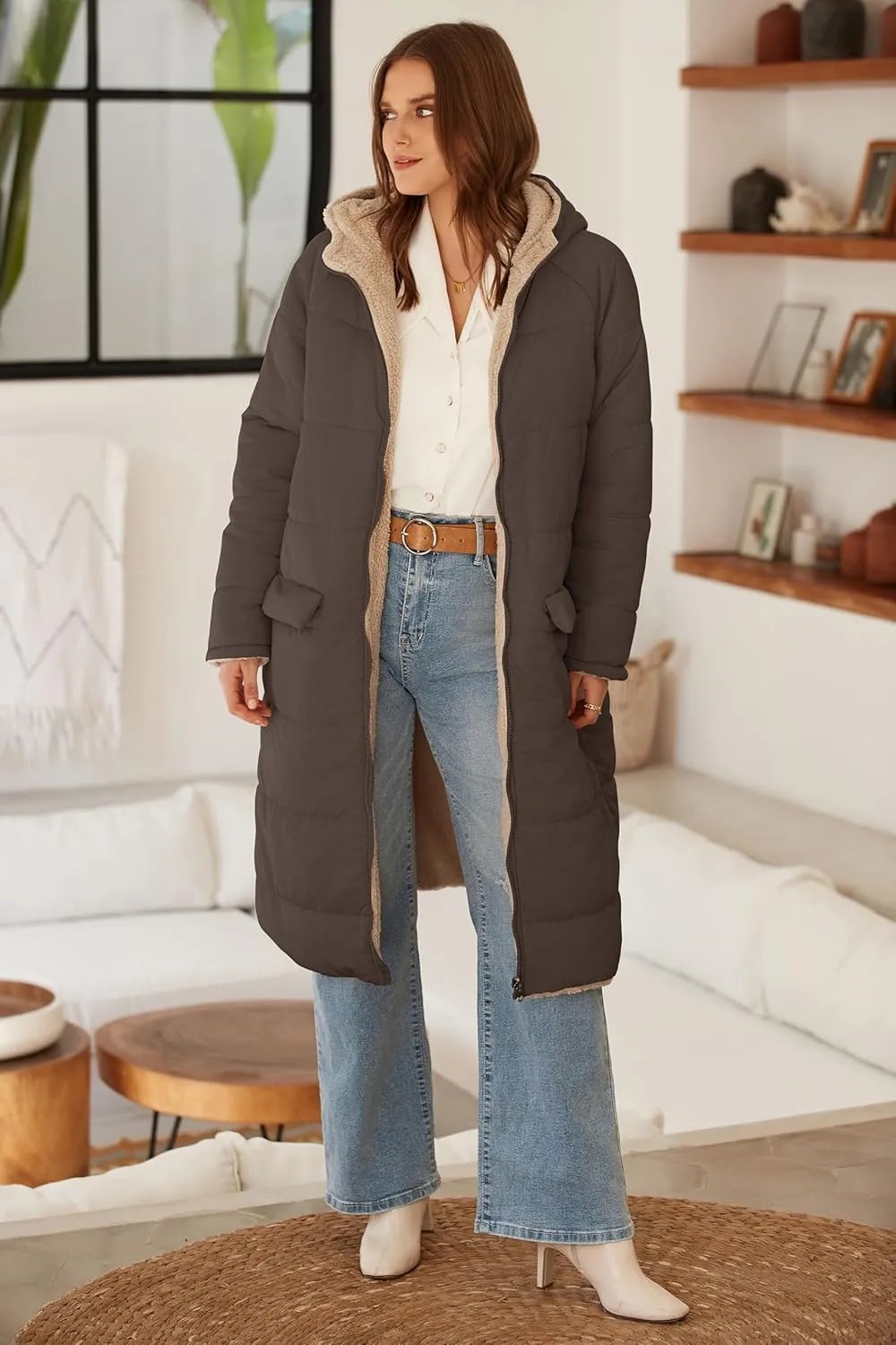 ECOWISH Women Winter Puffer Jacket - Reversible Fur Fleece Lined Hood Zip Sherpa Coat Parka Padded Long Outerwear