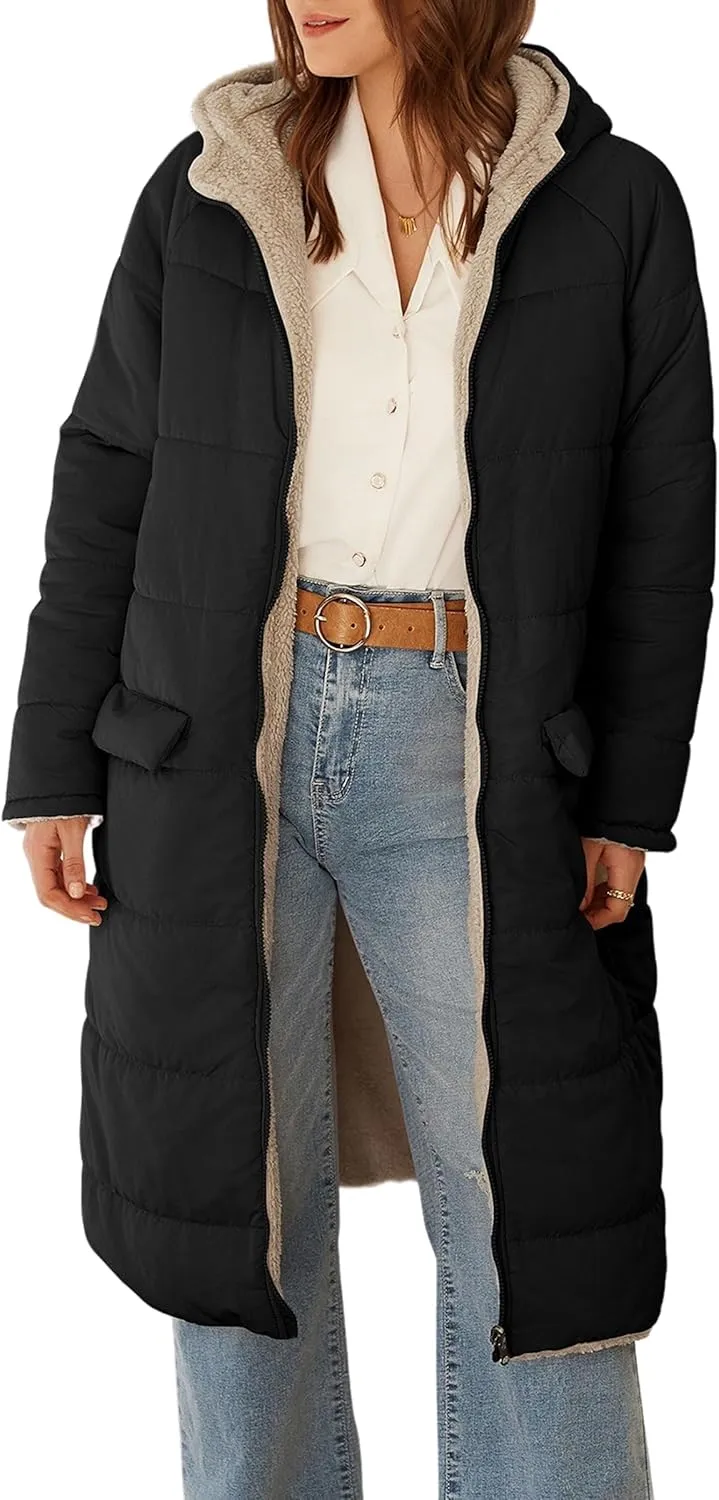 ECOWISH Women Winter Puffer Jacket - Reversible Fur Fleece Lined Hood Zip Sherpa Coat Parka Padded Long Outerwear