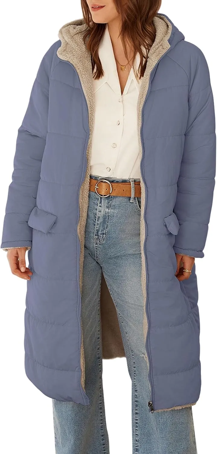 ECOWISH Women Winter Puffer Jacket - Reversible Fur Fleece Lined Hood Zip Sherpa Coat Parka Padded Long Outerwear