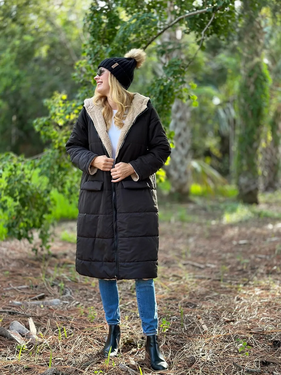 ECOWISH Women Winter Puffer Jacket - Reversible Fur Fleece Lined Hood Zip Sherpa Coat Parka Padded Long Outerwear