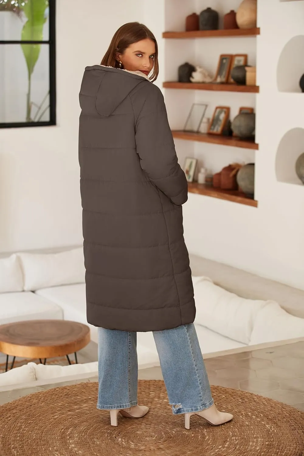 ECOWISH Women Winter Puffer Jacket - Reversible Fur Fleece Lined Hood Zip Sherpa Coat Parka Padded Long Outerwear