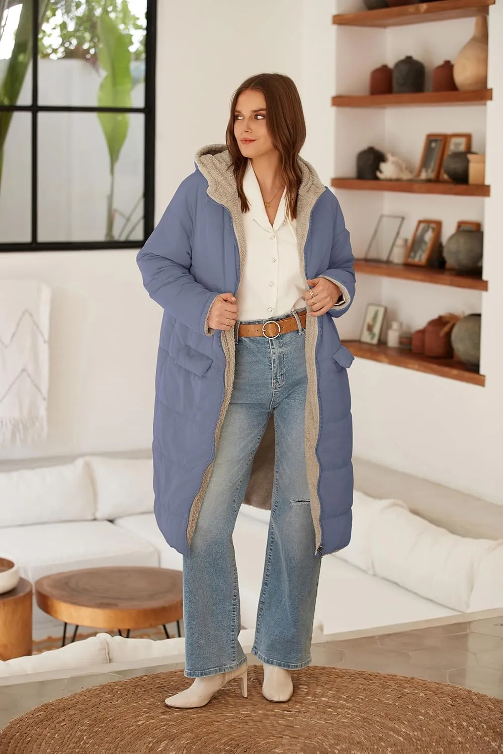 ECOWISH Women Winter Puffer Jacket - Reversible Fur Fleece Lined Hood Zip Sherpa Coat Parka Padded Long Outerwear