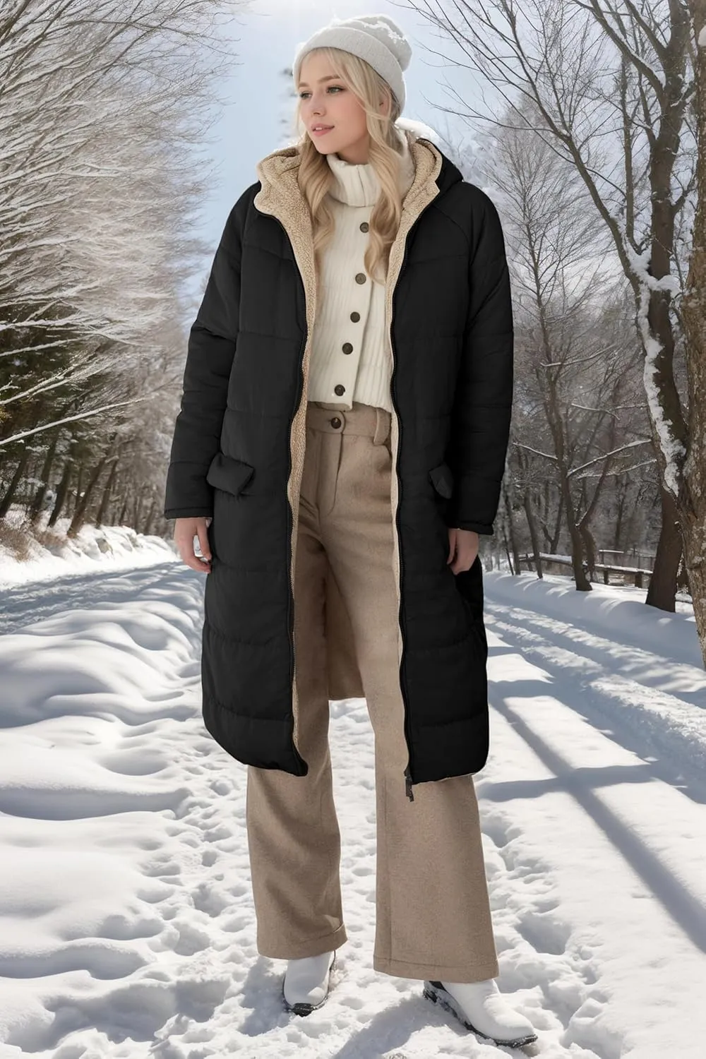 ECOWISH Women Winter Puffer Jacket - Reversible Fur Fleece Lined Hood Zip Sherpa Coat Parka Padded Long Outerwear