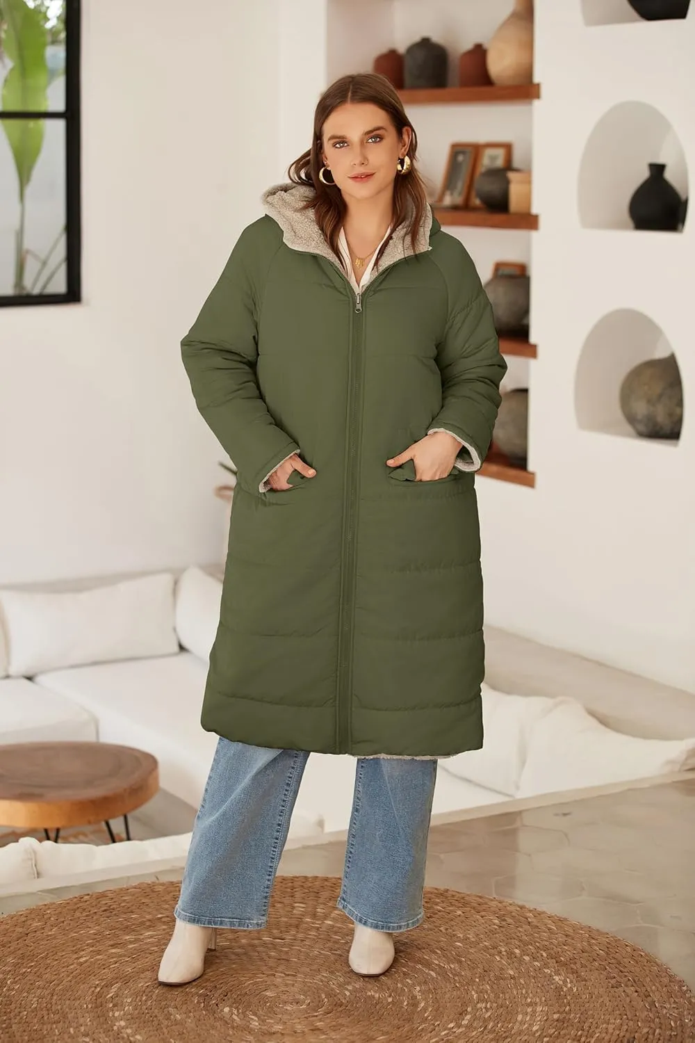 ECOWISH Women Winter Puffer Jacket - Reversible Fur Fleece Lined Hood Zip Sherpa Coat Parka Padded Long Outerwear