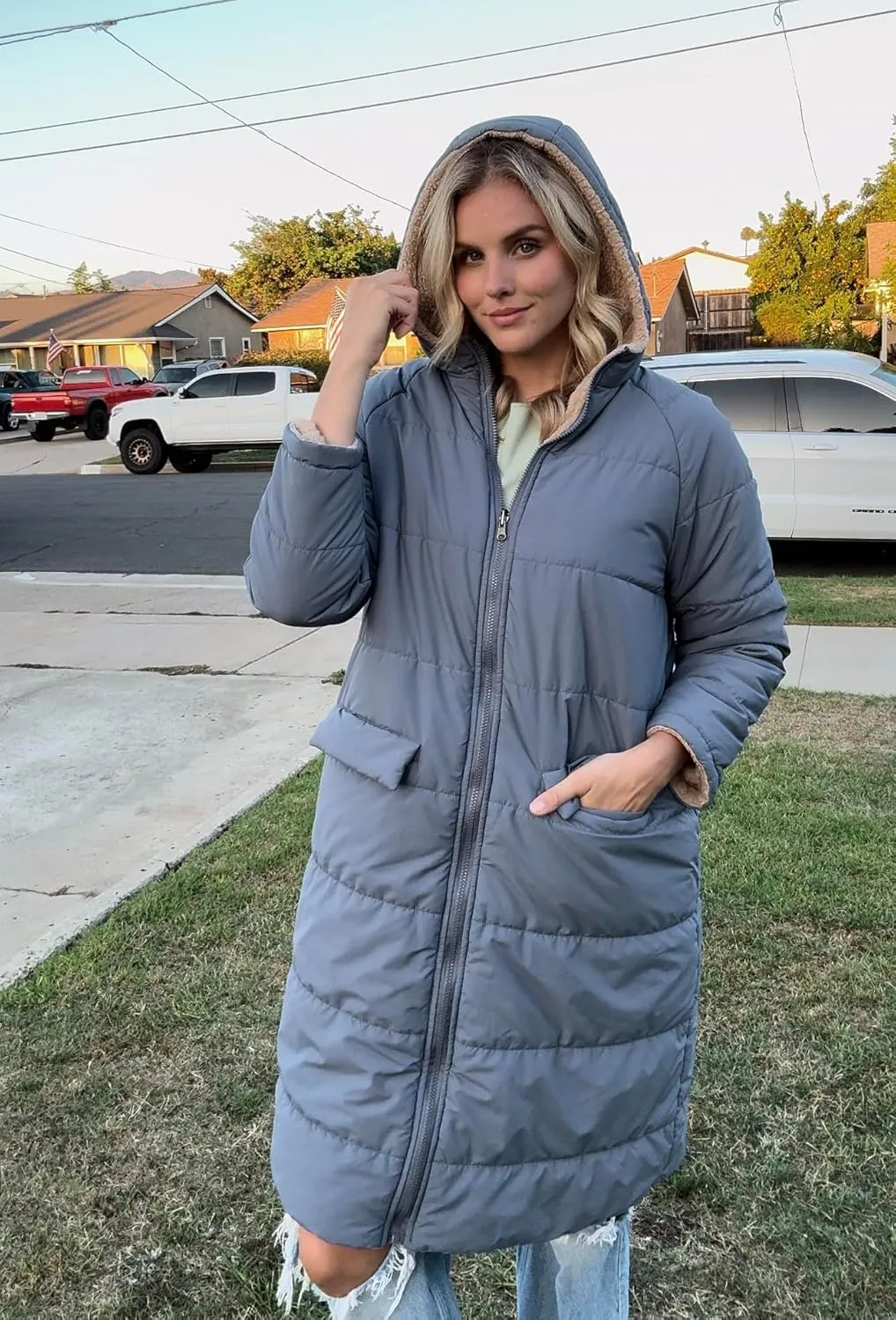 ECOWISH Women Winter Puffer Jacket - Reversible Fur Fleece Lined Hood Zip Sherpa Coat Parka Padded Long Outerwear