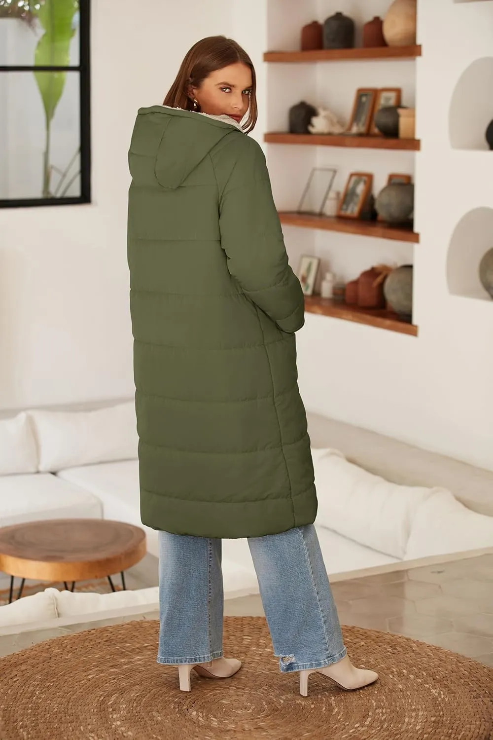 ECOWISH Women Winter Puffer Jacket - Reversible Fur Fleece Lined Hood Zip Sherpa Coat Parka Padded Long Outerwear