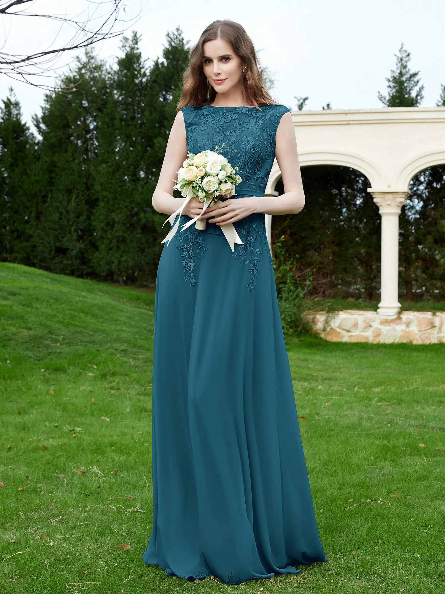 Elegant Illusion Lace Appliqued Dress With Buttons Ink Blue Plus Size