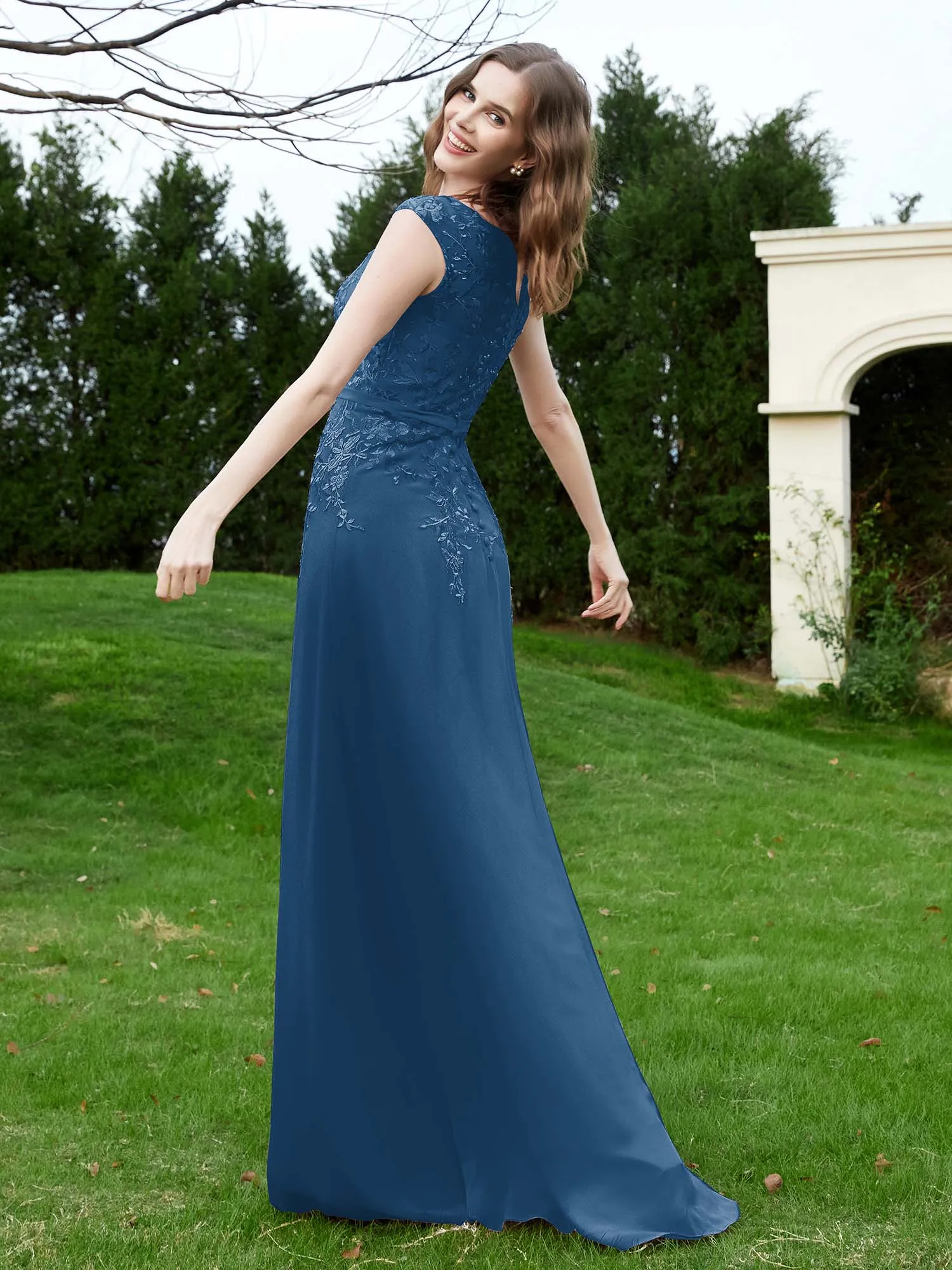 Elegant Illusion Lace Appliqued Dress With Buttons Ink Blue Plus Size