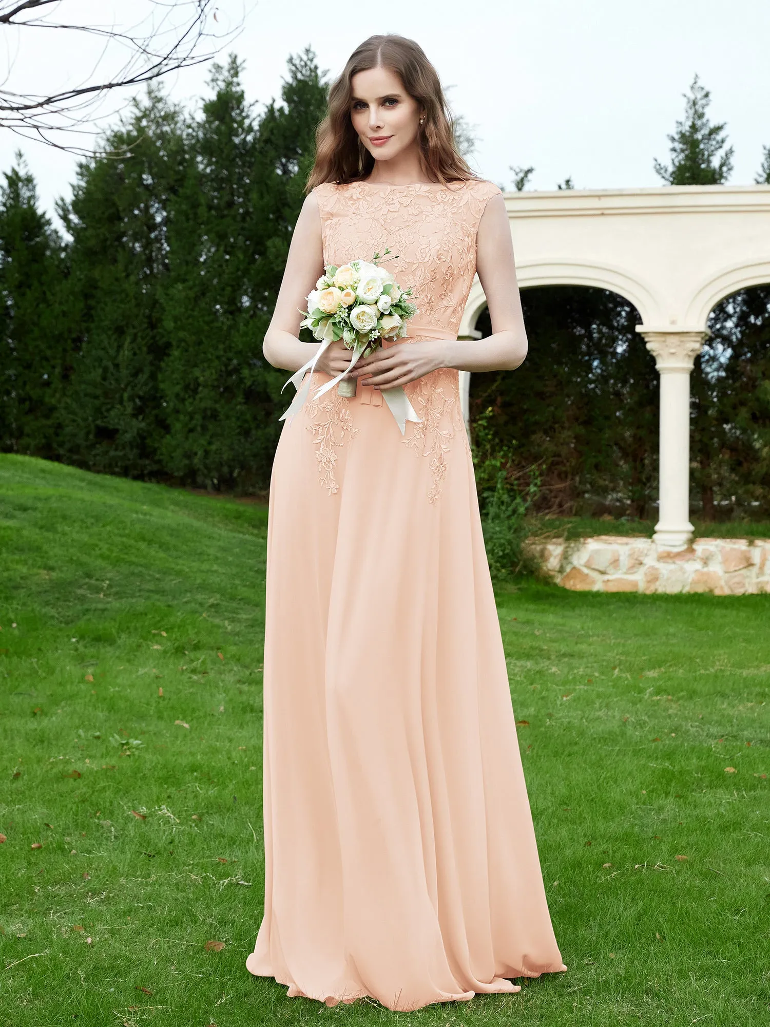 Elegant Illusion Lace Appliqued Dress With Buttons Pearl Pink