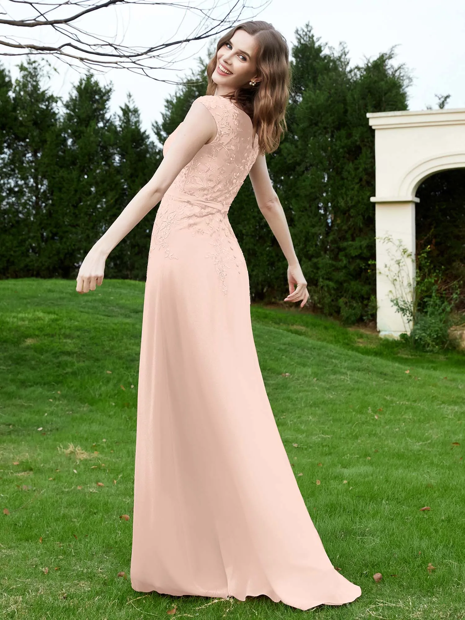 Elegant Illusion Lace Appliqued Dress With Buttons Pearl Pink