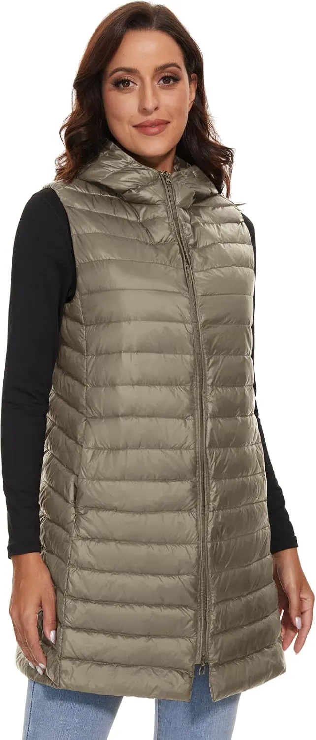 ELFJOY Long Puffer Vest Women Lightweight Down Vest with Hood Winter Warm Womens Vests Outerwear Sleeveless Puffer Jacket