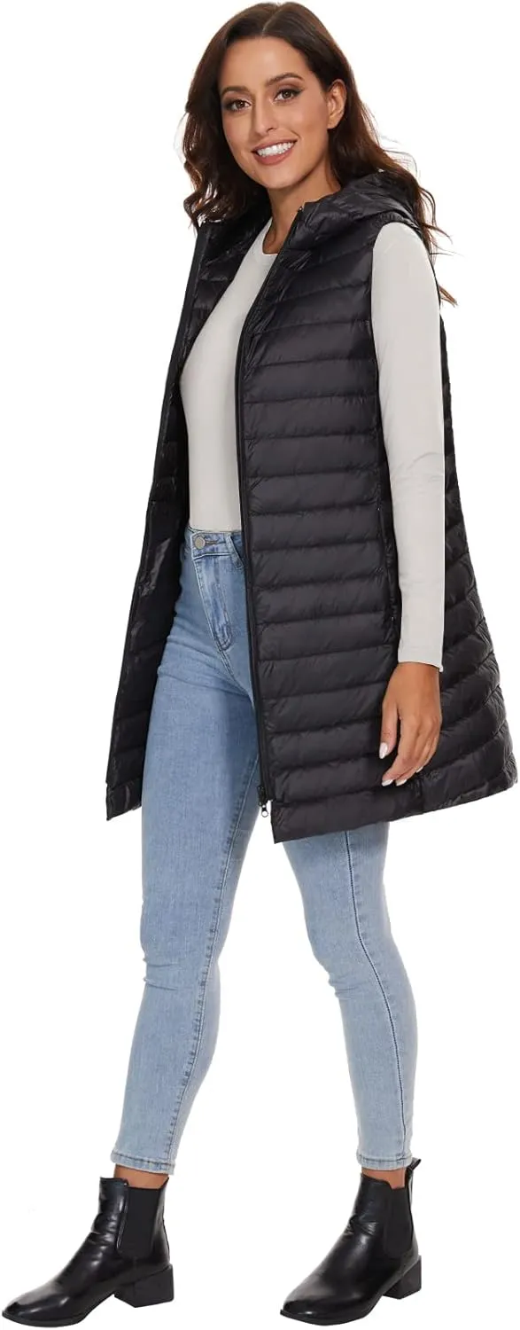 ELFJOY Long Puffer Vest Women Lightweight Down Vest with Hood Winter Warm Womens Vests Outerwear Sleeveless Puffer Jacket