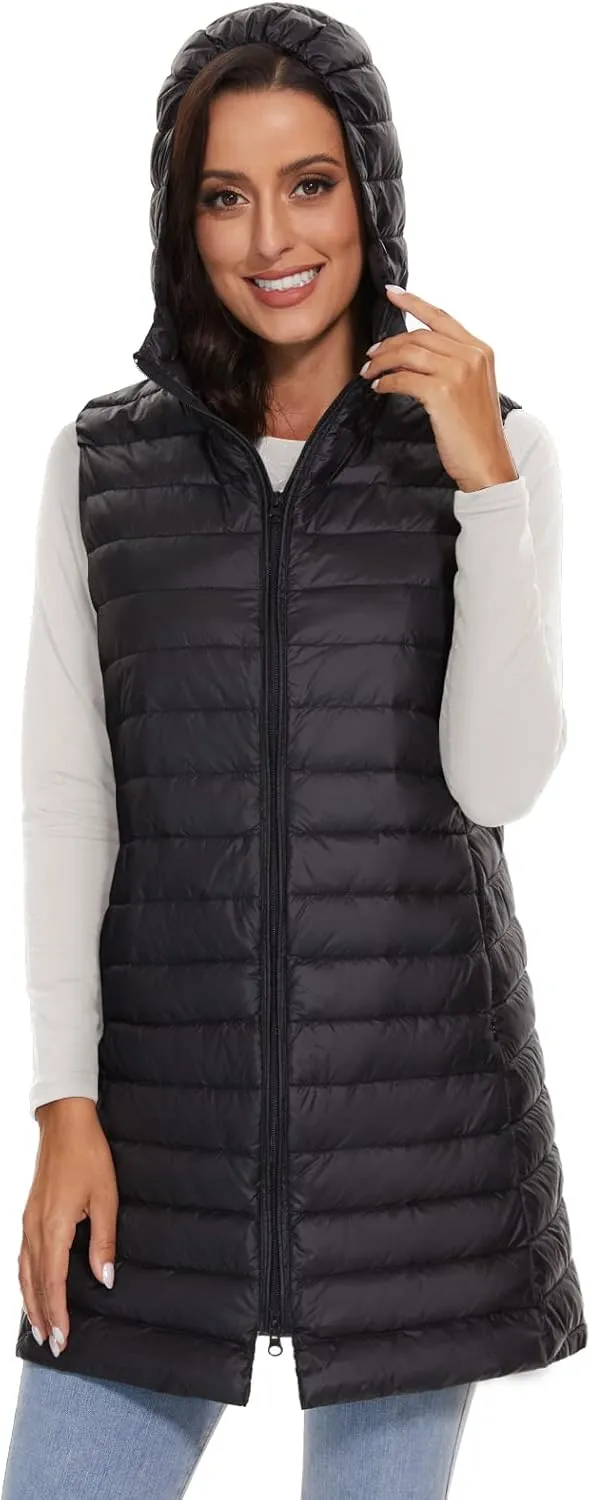 ELFJOY Long Puffer Vest Women Lightweight Down Vest with Hood Winter Warm Womens Vests Outerwear Sleeveless Puffer Jacket