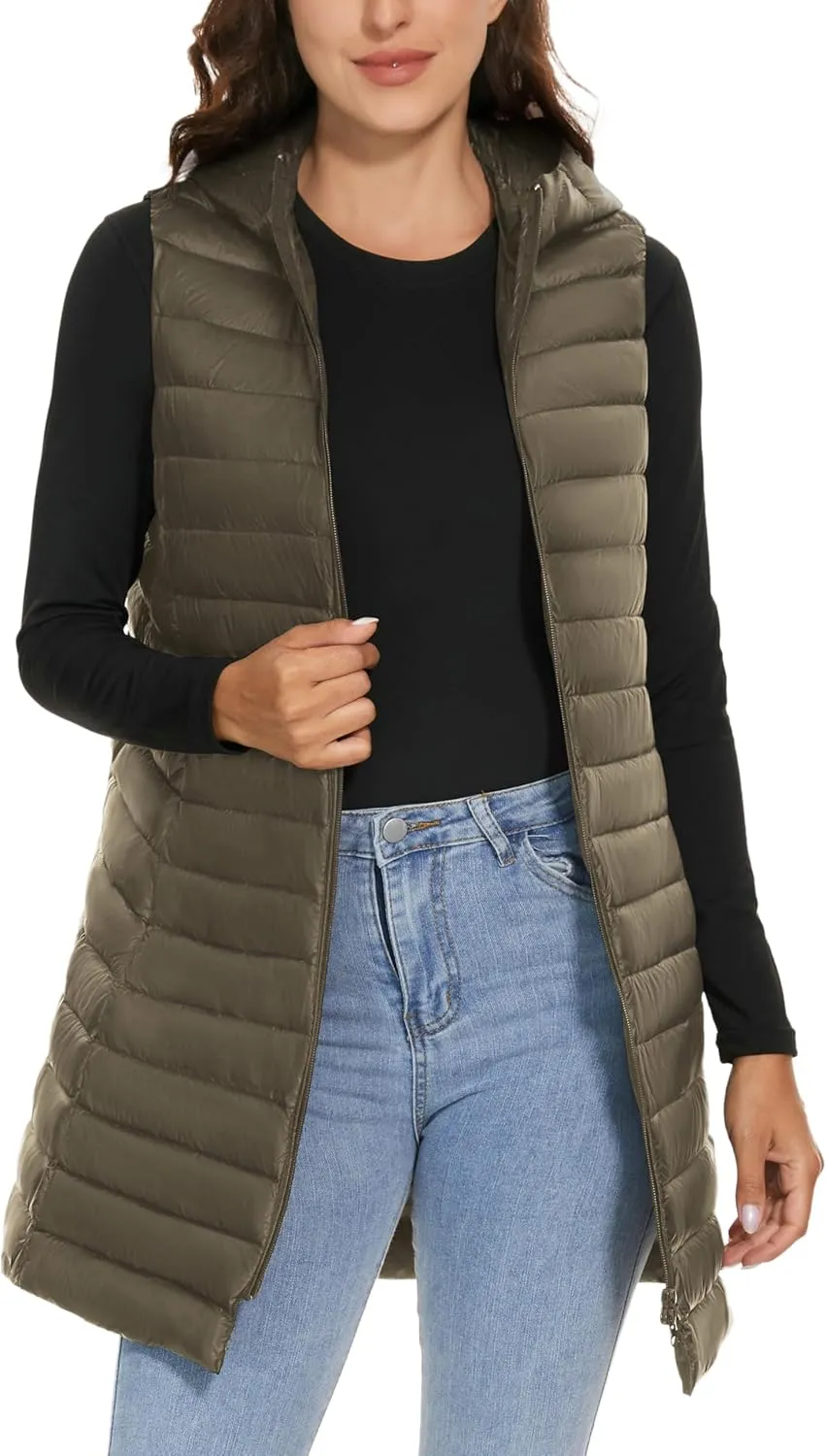 ELFJOY Long Puffer Vest Women Lightweight Down Vest with Hood Winter Warm Womens Vests Outerwear Sleeveless Puffer Jacket