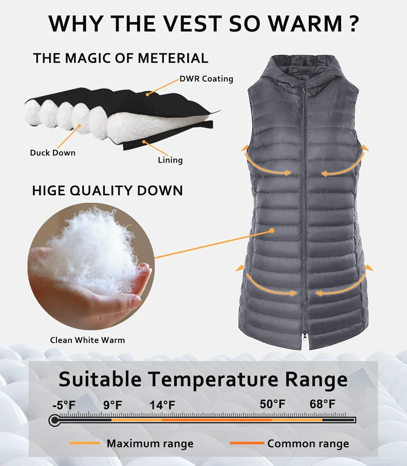 ELFJOY Long Puffer Vest Women Lightweight Down Vest with Hood Winter Warm Womens Vests Outerwear Sleeveless Puffer Jacket