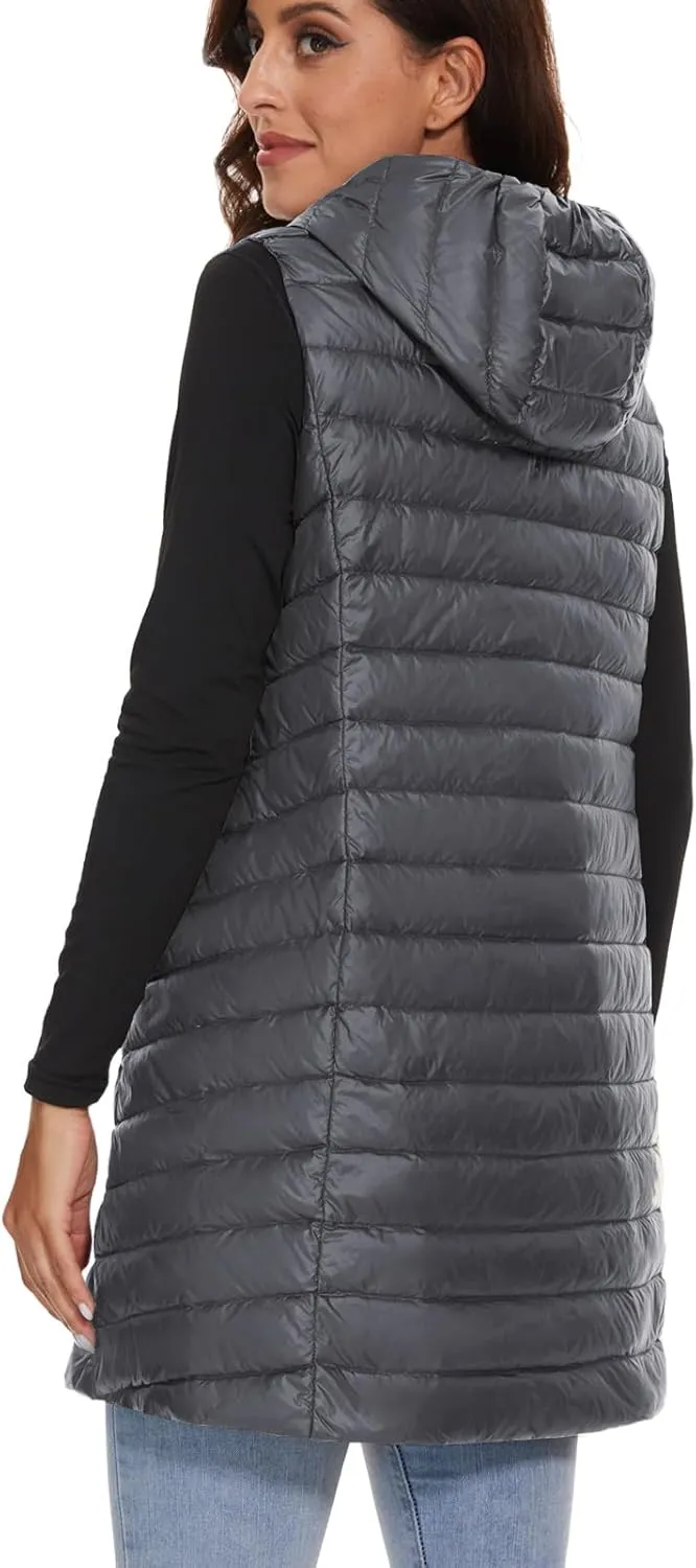 ELFJOY Long Puffer Vest Women Lightweight Down Vest with Hood Winter Warm Womens Vests Outerwear Sleeveless Puffer Jacket