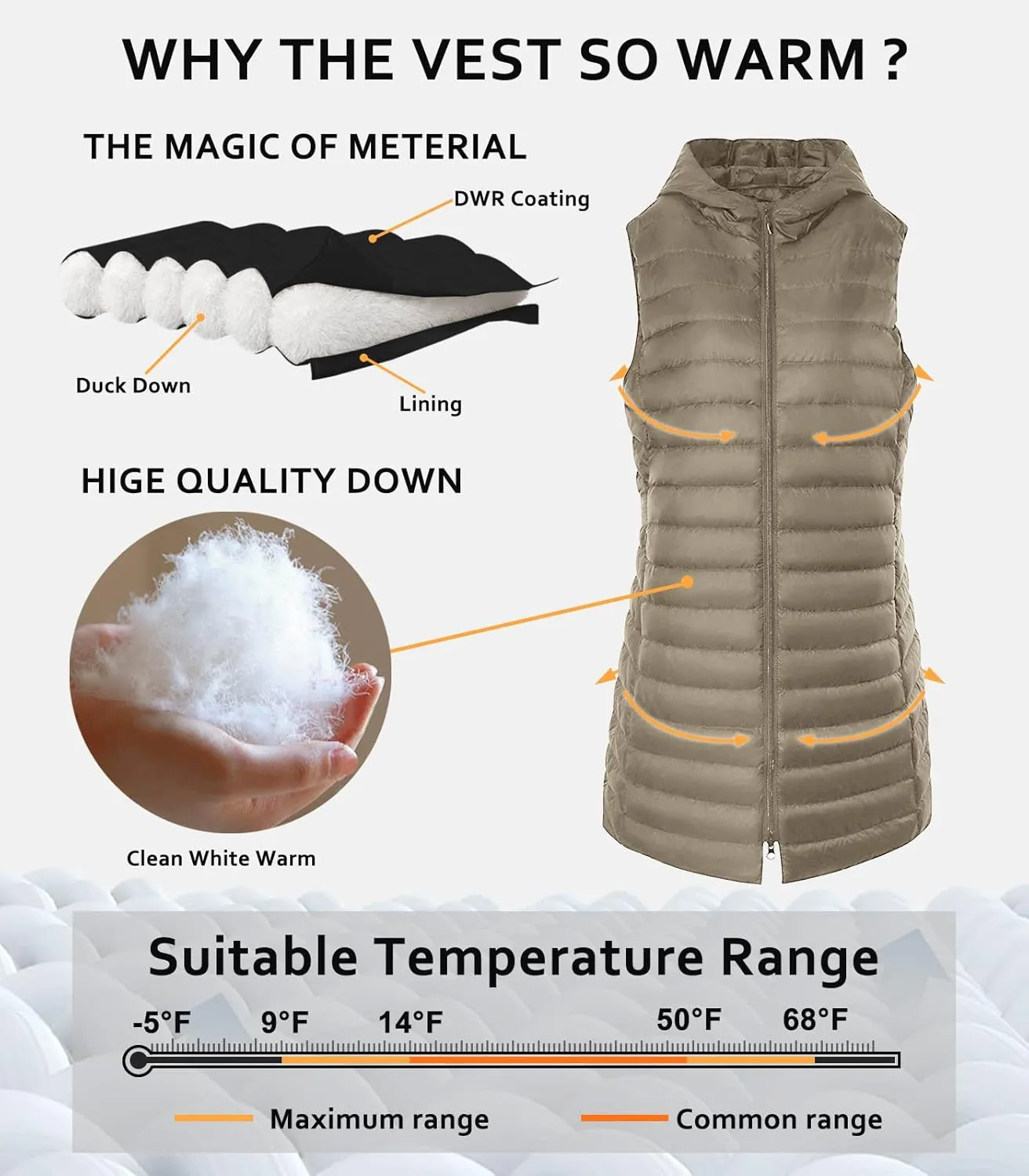 ELFJOY Long Puffer Vest Women Lightweight Down Vest with Hood Winter Warm Womens Vests Outerwear Sleeveless Puffer Jacket