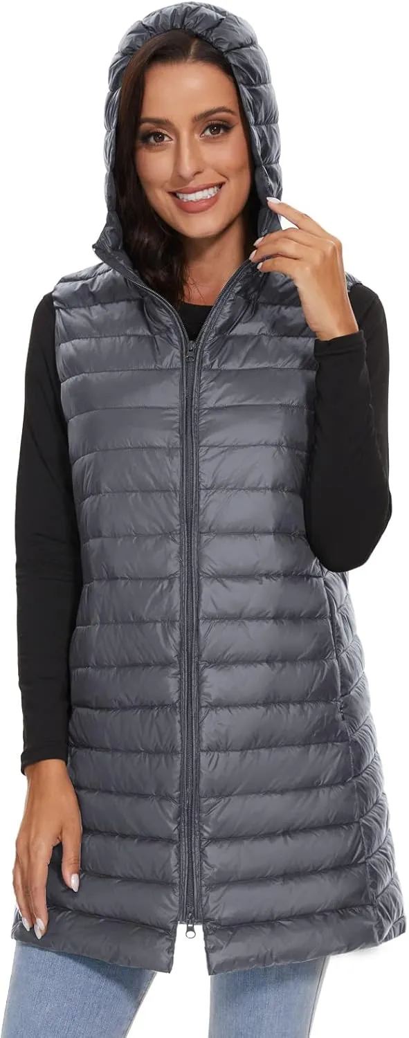 ELFJOY Long Puffer Vest Women Lightweight Down Vest with Hood Winter Warm Womens Vests Outerwear Sleeveless Puffer Jacket