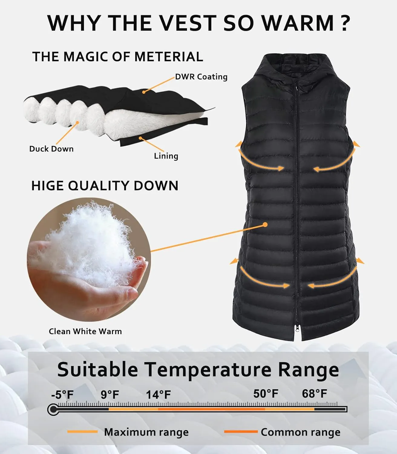 ELFJOY Long Puffer Vest Women Lightweight Down Vest with Hood Winter Warm Womens Vests Outerwear Sleeveless Puffer Jacket