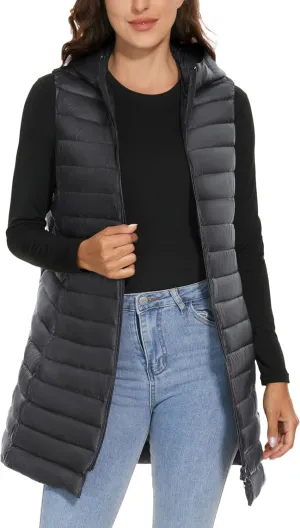 ELFJOY Long Puffer Vest Women Lightweight Down Vest with Hood Winter Warm Womens Vests Outerwear Sleeveless Puffer Jacket