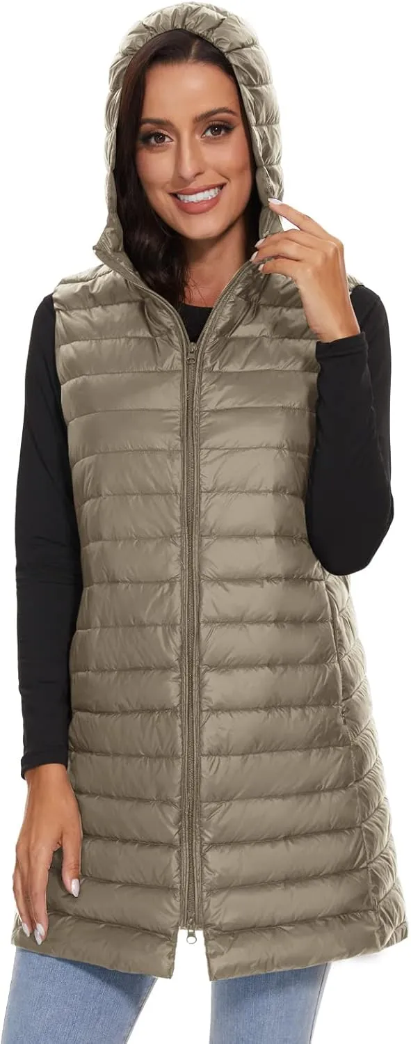 ELFJOY Long Puffer Vest Women Lightweight Down Vest with Hood Winter Warm Womens Vests Outerwear Sleeveless Puffer Jacket