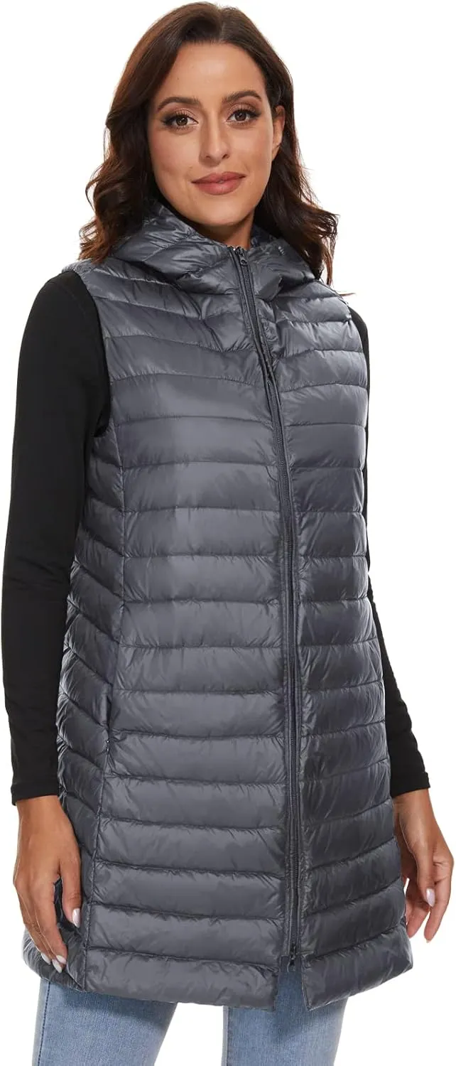 ELFJOY Long Puffer Vest Women Lightweight Down Vest with Hood Winter Warm Womens Vests Outerwear Sleeveless Puffer Jacket