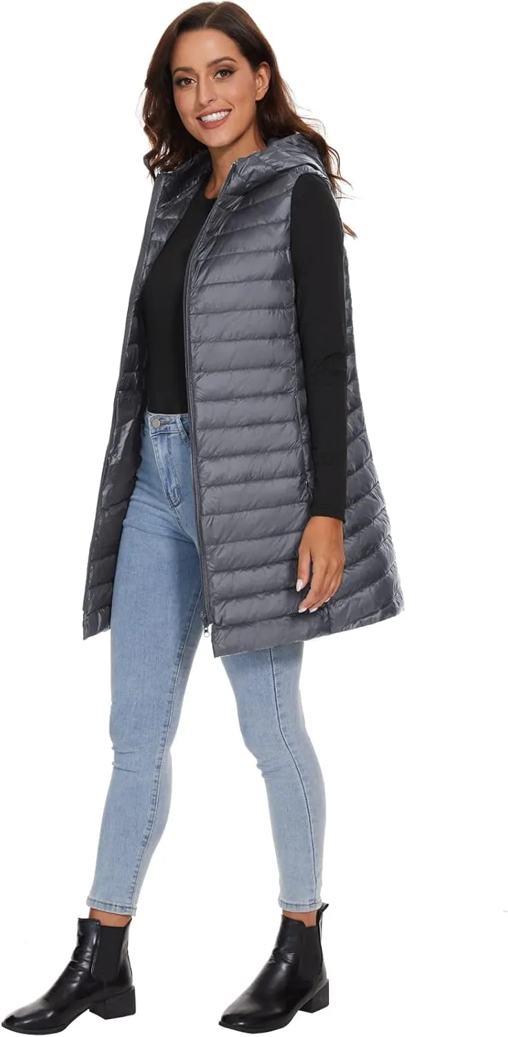ELFJOY Long Puffer Vest Women Lightweight Down Vest with Hood Winter Warm Womens Vests Outerwear Sleeveless Puffer Jacket