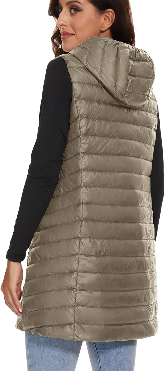 ELFJOY Long Puffer Vest Women Lightweight Down Vest with Hood Winter Warm Womens Vests Outerwear Sleeveless Puffer Jacket