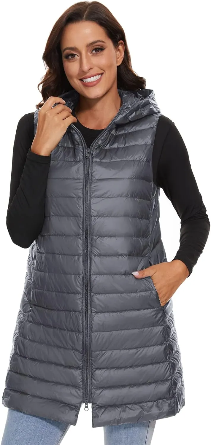 ELFJOY Long Puffer Vest Women Lightweight Down Vest with Hood Winter Warm Womens Vests Outerwear Sleeveless Puffer Jacket
