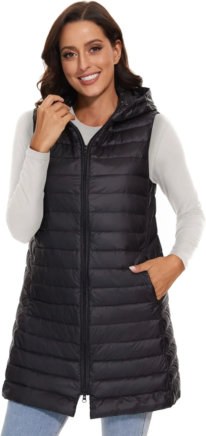 ELFJOY Long Puffer Vest Women Lightweight Down Vest with Hood Winter Warm Womens Vests Outerwear Sleeveless Puffer Jacket