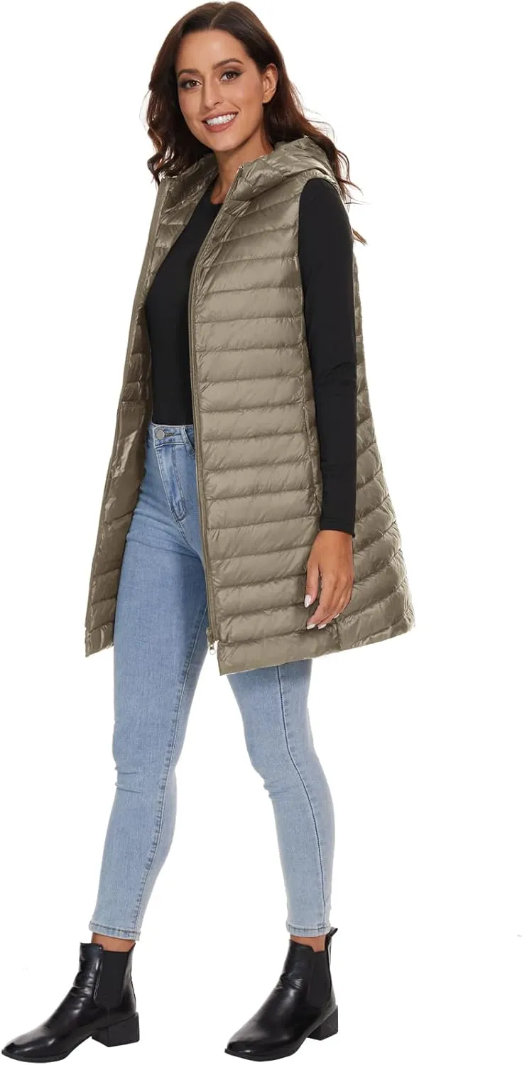 ELFJOY Long Puffer Vest Women Lightweight Down Vest with Hood Winter Warm Womens Vests Outerwear Sleeveless Puffer Jacket