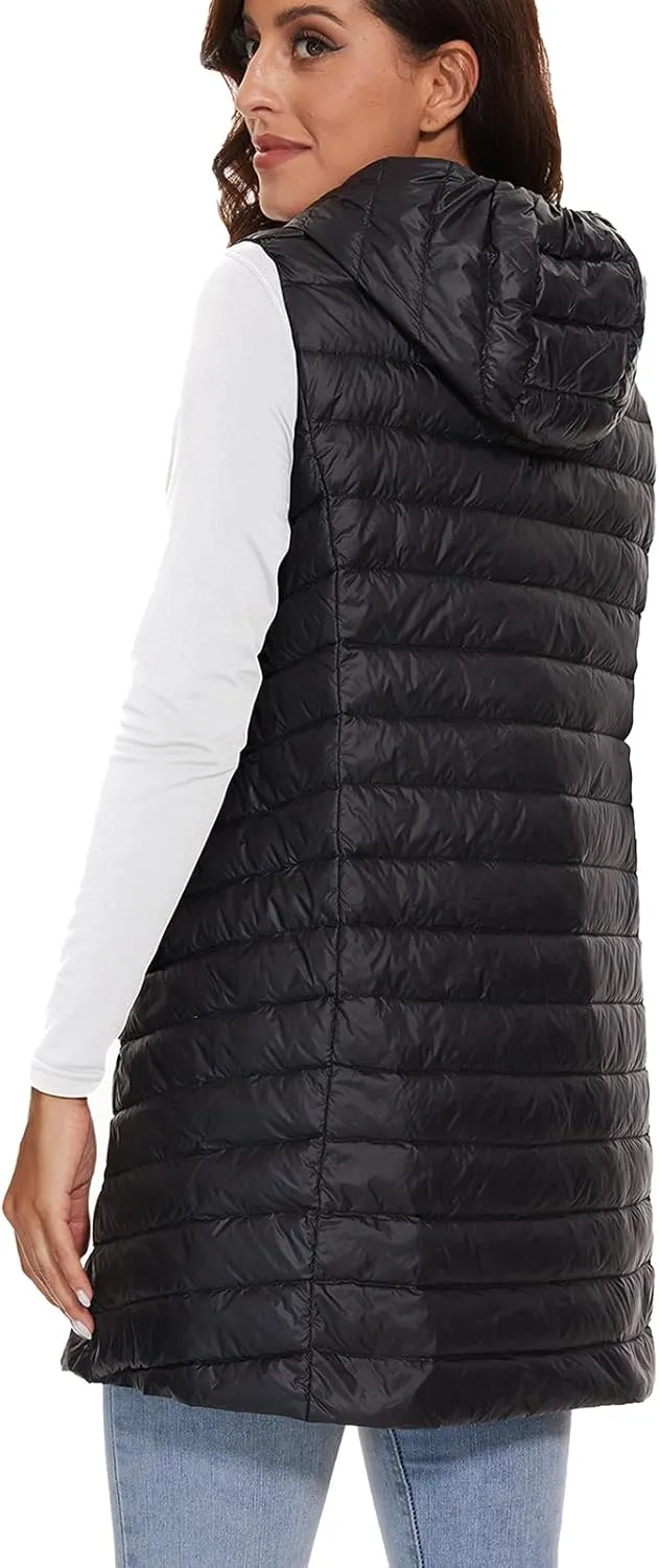 ELFJOY Long Puffer Vest Women Lightweight Down Vest with Hood Winter Warm Womens Vests Outerwear Sleeveless Puffer Jacket