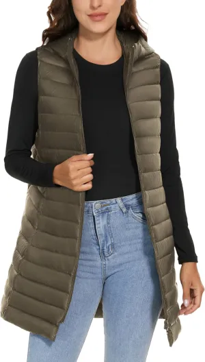 ELFJOY Long Puffer Vest Women Lightweight Down Vest with Hood Winter Warm Womens Vests Outerwear Sleeveless Puffer Jacket