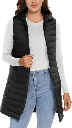 ELFJOY Long Puffer Vest Women Lightweight Down Vest with Hood Winter Warm Womens Vests Outerwear Sleeveless Puffer Jacket