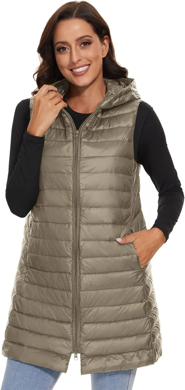 ELFJOY Long Puffer Vest Women Lightweight Down Vest with Hood Winter Warm Womens Vests Outerwear Sleeveless Puffer Jacket