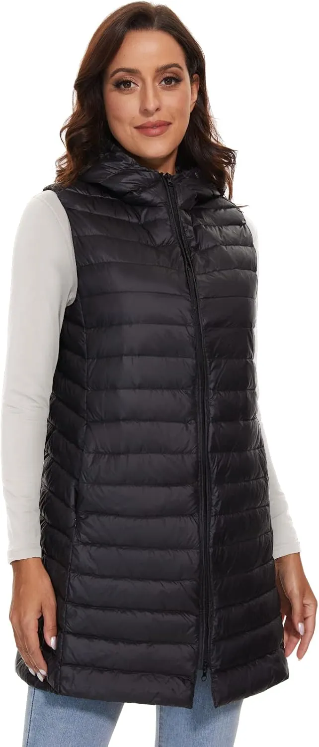 ELFJOY Long Puffer Vest Women Lightweight Down Vest with Hood Winter Warm Womens Vests Outerwear Sleeveless Puffer Jacket