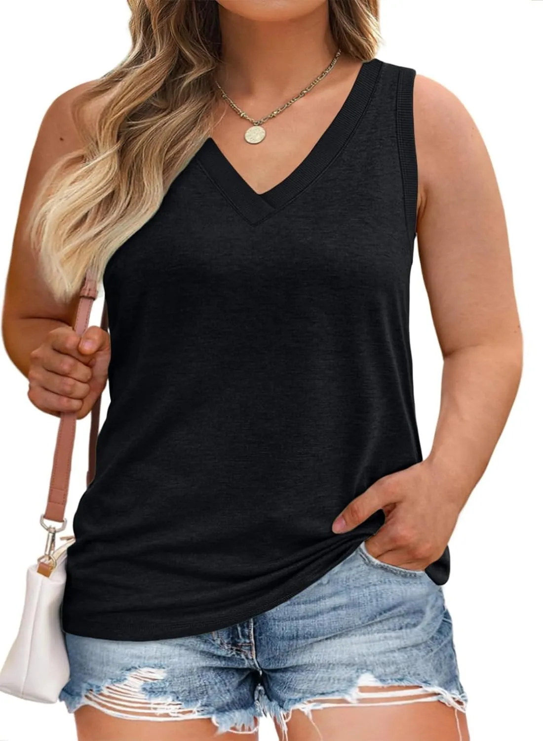 Eytino Womens Plus Size Tank Tops Summer Casual V Neck Sleeveless Tops Solid Shirts(1X-5X)