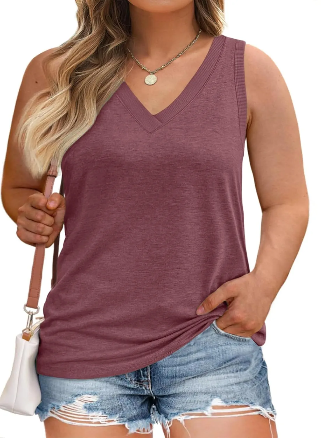 Eytino Womens Plus Size Tank Tops Summer Casual V Neck Sleeveless Tops Solid Shirts(1X-5X)