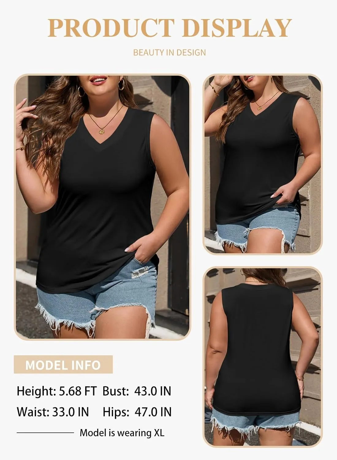 Eytino Womens Plus Size Tank Tops Summer Casual V Neck Sleeveless Tops Solid Shirts(1X-5X)