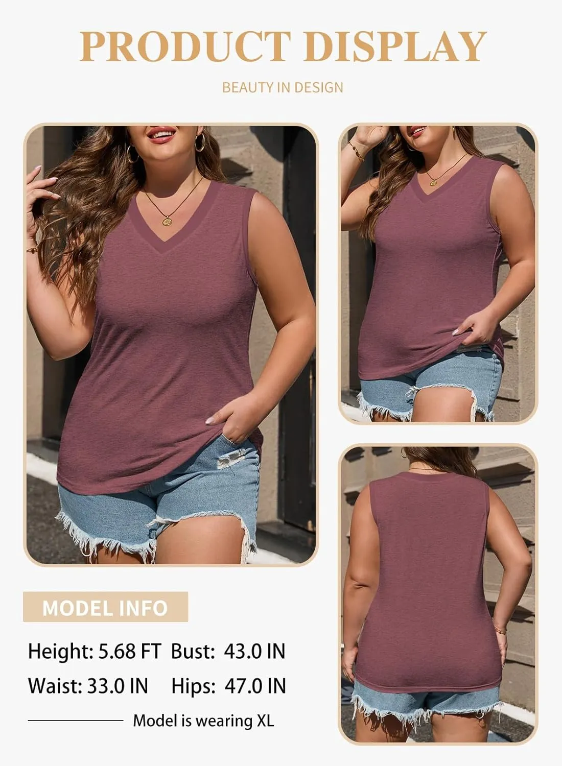 Eytino Womens Plus Size Tank Tops Summer Casual V Neck Sleeveless Tops Solid Shirts(1X-5X)