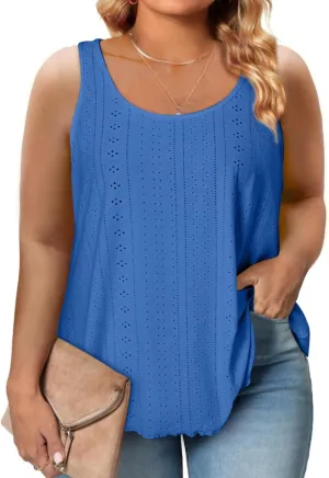 Eytino Womens Plus Size Tank Tops Summer Eyelet Embroidery Sleeveless T-Shirts Tops Scoop Neck Causal Loose Flowy Cami(1X-5X)