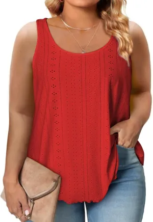 Eytino Womens Plus Size Tank Tops Summer Eyelet Embroidery Sleeveless T-Shirts Tops Scoop Neck Causal Loose Flowy Cami(1X-5X)