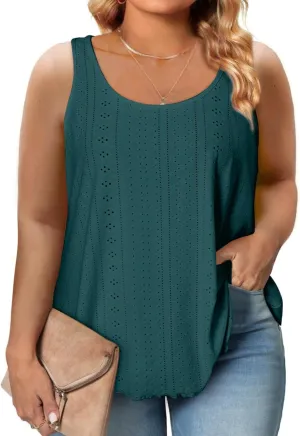 Eytino Womens Plus Size Tank Tops Summer Eyelet Embroidery Sleeveless T-Shirts Tops Scoop Neck Causal Loose Flowy Cami(1X-5X)